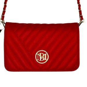 NWT Badgley Mischka Designer Quilted Leather Red Gold Wallet-On-Chain Purse Bag